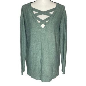Arizona Jean Co Top Green Criss Cross Chest Detail Long Sleeve Sweater Size L